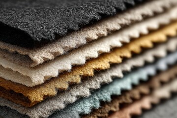 Stacked fabric swatches showcase minimalist design in neutral tones, inviting texture and warmth in a contemporary setting