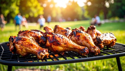Juicy chicken cooking on a hot grill with flames and smoke creating a mouthwatering barbecue experience outdoors