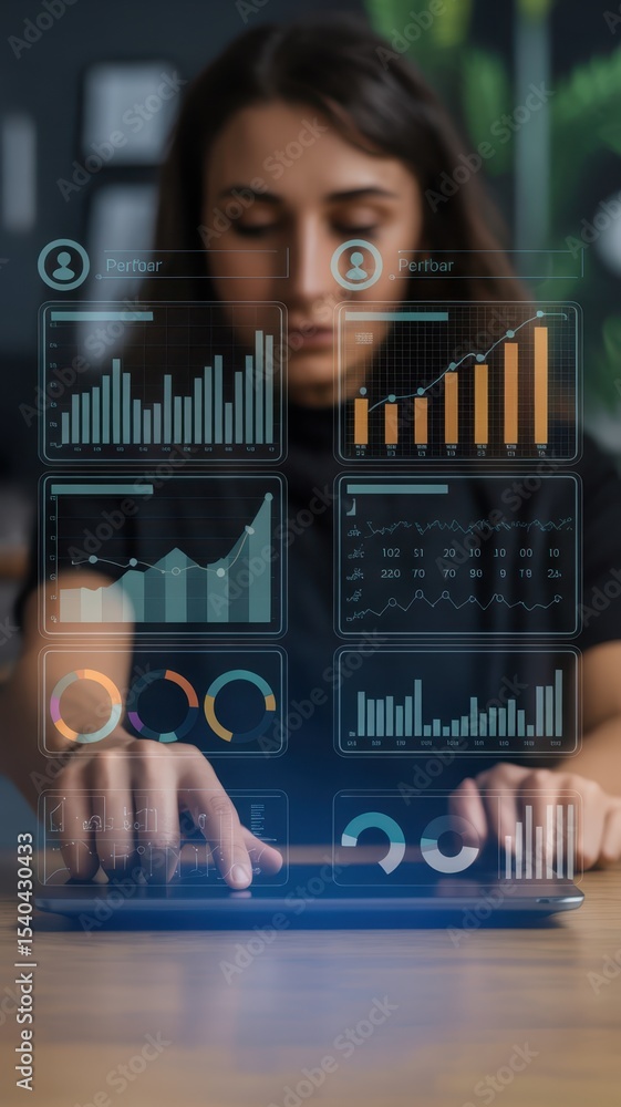 Poster woman using a tablet with interactive data visualizations.