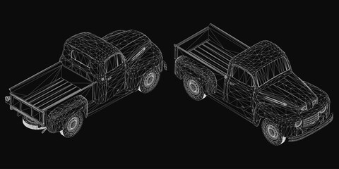 A 3D wireframe model of a pickup truck with realistic contours and details, rendered on a sleek black background. The transparent mesh design highlights the vehicle's structure while maintaining a. © German Ovchinnikov