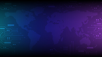 World map technology digital circuit blue purple abstract background glowing modern