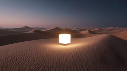 Lost Pixel Desert” – One single pixel cube glowing in a vast digital sandscape