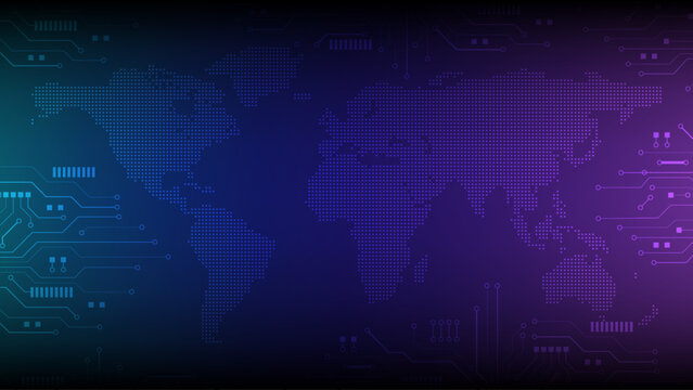 World map technology digital circuit blue purple abstract background glowing modern
