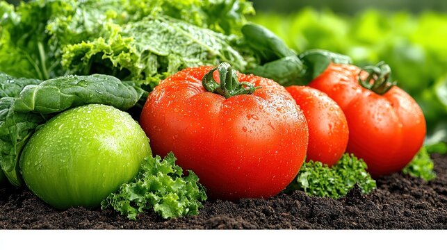 Fresh Red Tomatoes and Leafy Greens on Dark Soil - Powered by Adobe