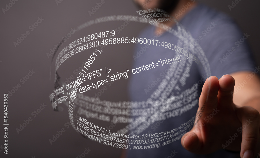 Aufkleber A person's hand interacts with a digital sphere showcasing data code and programming concepts.