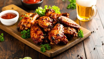 A plate of flavorful chicken wings paired with a cold beer for the perfect casual dining experience with friends