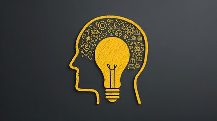 Teacher drawing lightbulb and head with knowledge and inspiration on blackboard