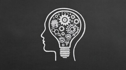 Lightbulb and gears inside human head drawn on blackboard symbolizing knowledge and inspiration