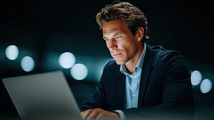 Focused businessman working late at night on laptop in blurred city lights background