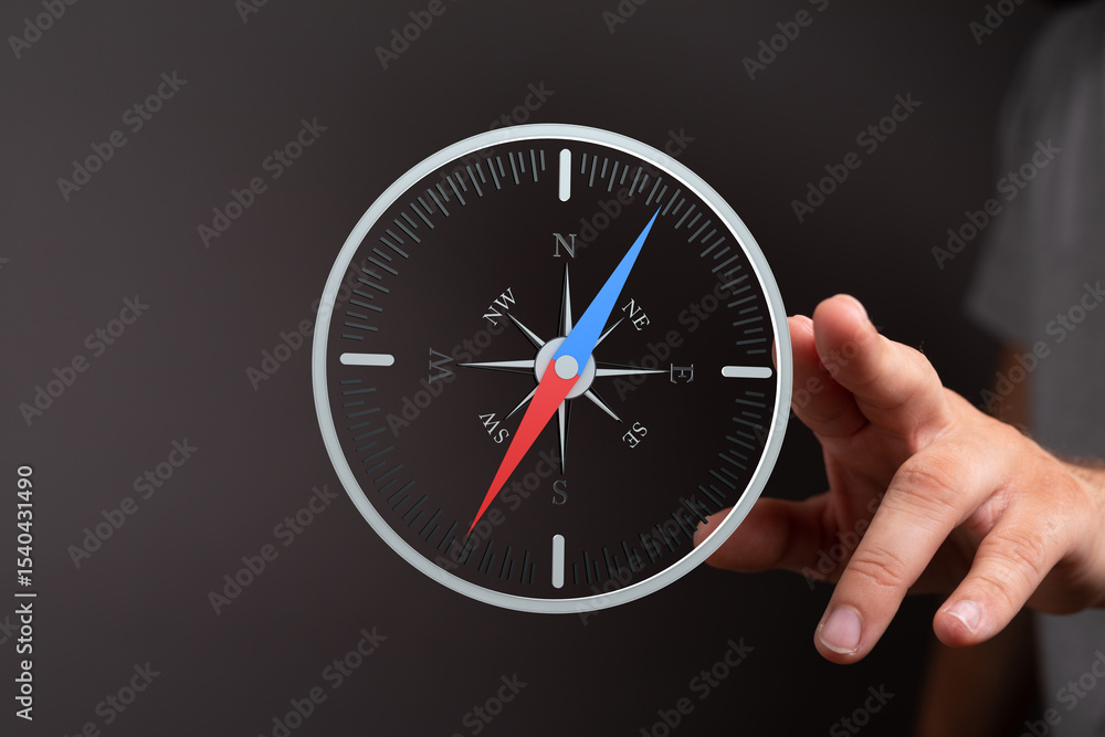 Poster hand holding a digital compass, showing navigation and direction. ideal for travel, exploration, and