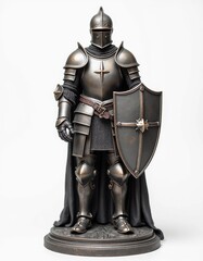 Realistic miniature figurine of a medieval knight in full armor with shield, handcrafted model on a display base
