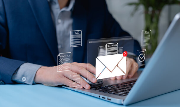 Businessman emailing customers, sending bulk documents, quotes, and invoices. Direct sales communication and client list management for business projects and outreach.