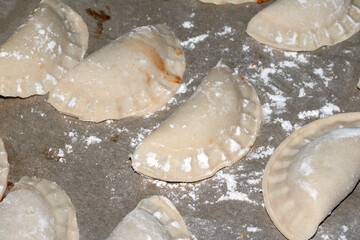 Close up of home made Chinese dim sum dumplings Jiaozi or Gyoza on bakking tray ready to be fried