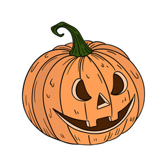 Orange pumpkin with happy face. Halloween and thanksgiving autumn occasions. October festival decoration. Element collection line art hand drawn