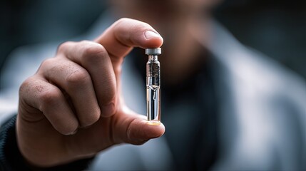 Doctor holding medical vial containing liquid medicine close up