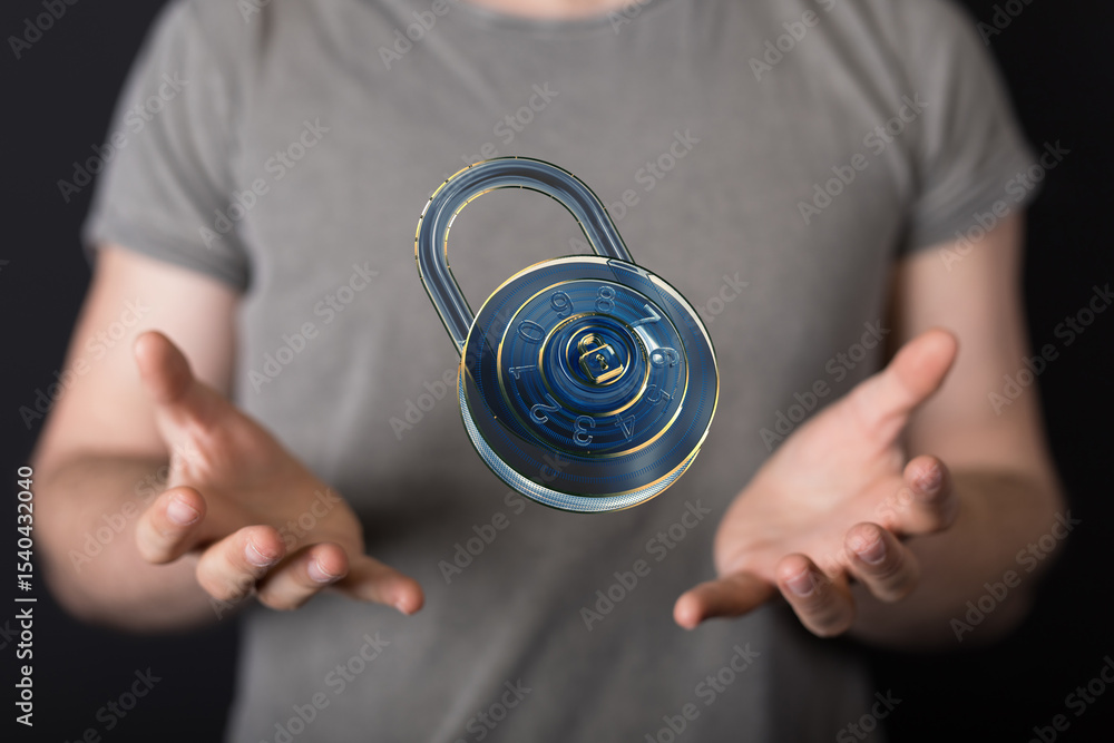 Poster Person holding a digital lock, symbolizing data security and protection.  Ideal for cybersecurity websites.