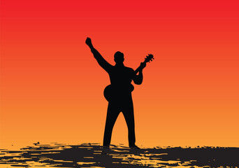 Fototapeta premium Rock Musician with Guitar on Stage at Sunset Grunge Stroke. Art and music people, performing on stage for audience vector art