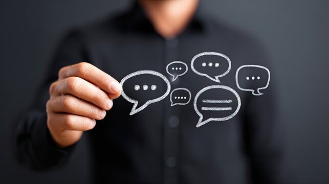 Businessman holding digital speech bubbles representing communication and social media