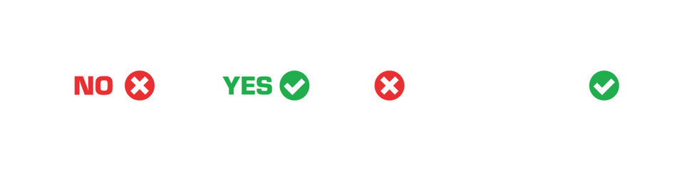 Yes no icon. On off switch vector set. Green yes icon. Red no icon. Green on sign set. Red off sign set. Isolated yes no vector icons.