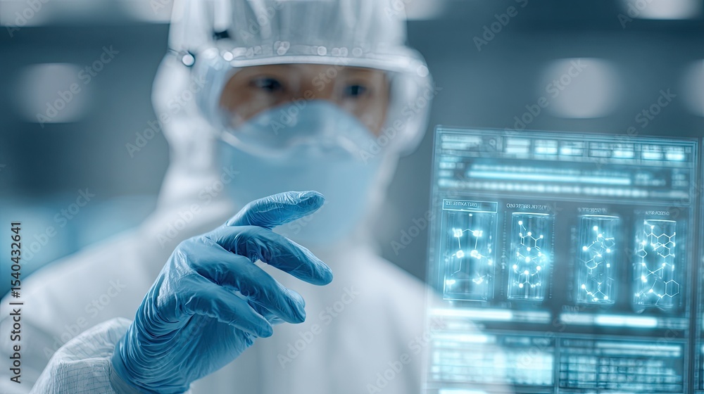 Wall mural scientist analyzing new compound formula in high-tech laboratory using futuristic digital display sc