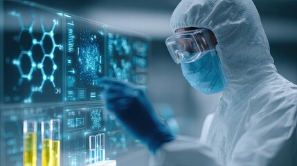 Scientist analyzing new compound formula in high-tech laboratory using futuristic digital display screen