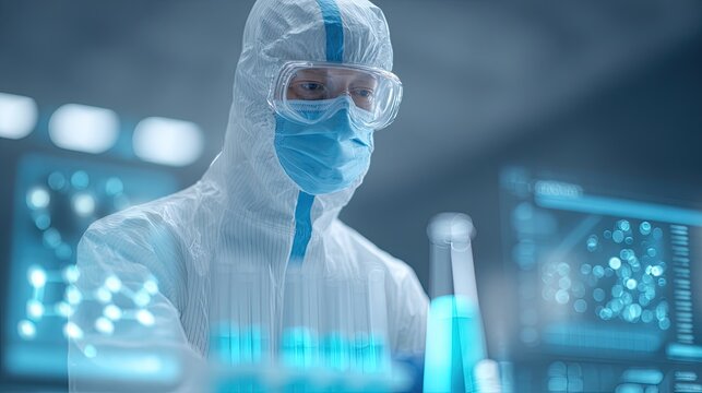Scientist analyzing new compound formula in high-tech laboratory using futuristic digital display screen