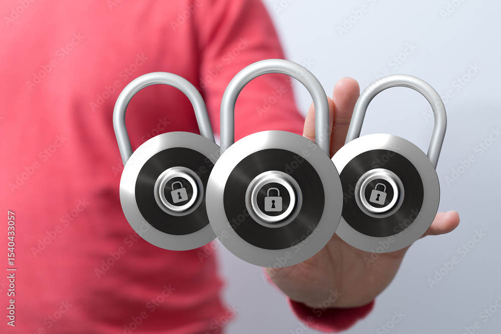 Poster image of three padlocks representing data security, online privacy, and cybersecurity.
