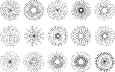 Set of intricate geometric circular vector designs inspired by spirographs, mandalas, and abstract radial patterns, ideal for coloring pages, tattoos, logos, and decorative design elements.

