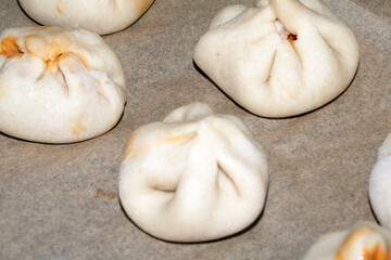 Close up of home made Chinese dim sum dumplings Jiaozi or Gyoza on bakking tray ready to be fried