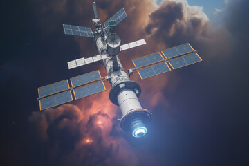 A space station with solar panels orbiting earth against a nebula background in outer space