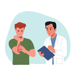 Doctor talks to a male patient. Suffering man scratching the skin on his hand. Allergy concept.Vector flat style cartoon illustration