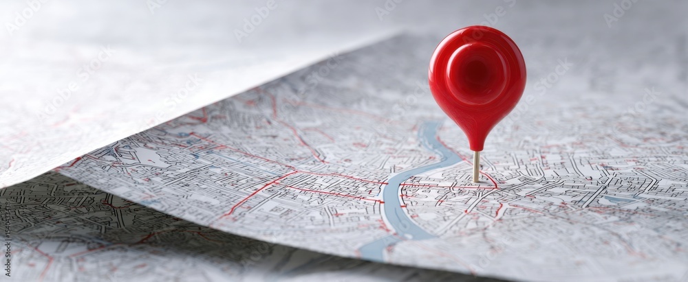 Poster the red pin marking an important location on an unfolding map.