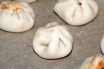 Close up of home made Chinese dim sum dumplings Jiaozi or Gyoza on bakking tray ready to be fried