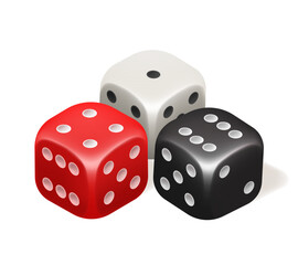 Three dice. Red dice, black dice and white dice. Vector 3d clipart isolated on white background.