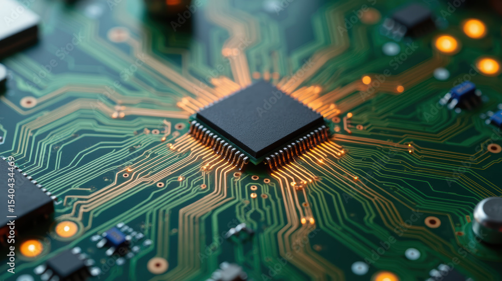 Poster high tech circuit board with intricate patterns, featuring central microchip and glowing connections