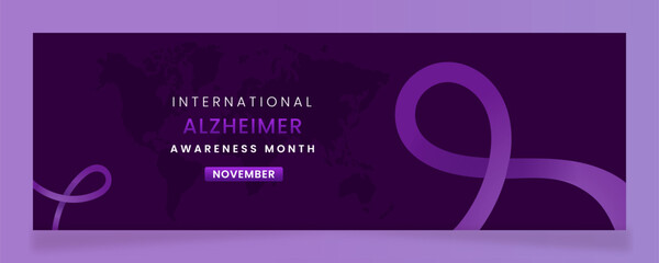 Alzheimer awareness campaign banner with Purple ribbon symbols on gradient pastel light Purple background.