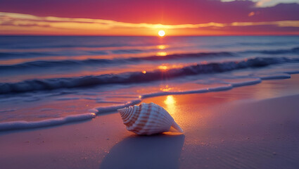 Twilight over the ocean. The setting sun dips below the horizon, its last rays turning the sky into a canvas of gold, red, and purple hues. In the foreground, gentle waves lap at a sandy beach, where 