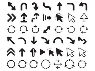 Black and White Arrow and Navigation Icons, vector illustration modern graphic design featuring a variety of black arrow and navigation icons on a white background, icons, UX icons, vector graphics, g