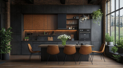Modern Scandinavian loft kitchen with leather chairs and natural light. stylish and inviting