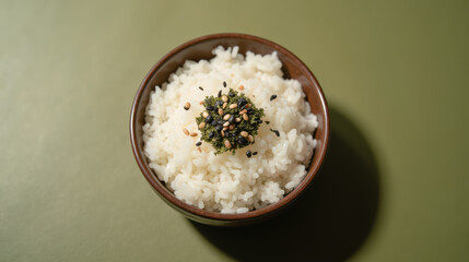Steamed rice topped with blend of seeds and herbs in brown bowl, creating simple yet appetizing dish