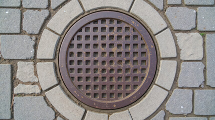 Round metal grate covers circular opening stone pavement, showcasing grid pattern. surrounding stones are arranged neatly, creating structured