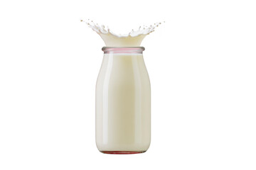 Glass bottle of milk with splash effect on top, isolated on transparency background, conveys freshness and purity