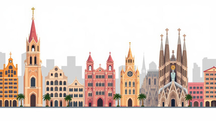 Fototapeta premium Colorful skyline illustration featuring various architectural styles, including gothic and modern buildings, with palm trees in foreground