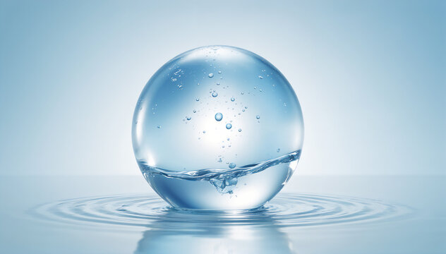 水の球体と波紋の3Dイメージ – 透明感と清涼感のあるヒアルロン酸やスキンケアのビジュアル 3D Image of Water Sphere with Ripples – Transparent and Refreshing Visual Representing Hyaluronic Acid or Skincare