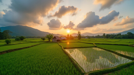 Serene sunset over lush green rice fields, with rustic wooden house reflecting in water. mountains create picturesque backdrop