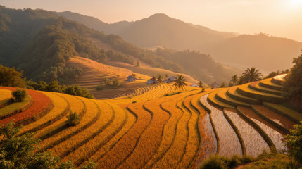 Golden rice terraces create stunning landscape at sunset, showcasing vibrant colors and intricate patterns in nature beauty