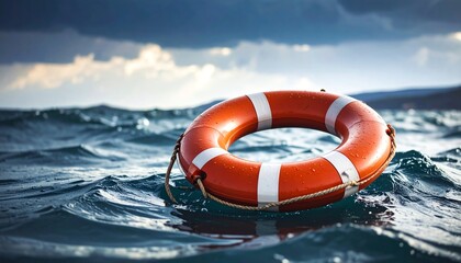 Life preserver floating on ocean waves during a storm with dark clouds and turbulent waters all around it
