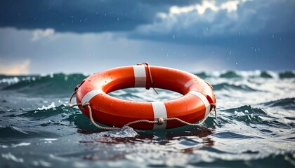Bright lifebuoy floating in a stormy ocean with dark clouds and turbulent waves surrounding it
