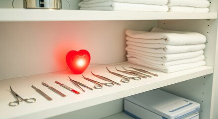 Clean shelf in a medical or spa setting with folded white towels and neatly arranged stainless steel tools.