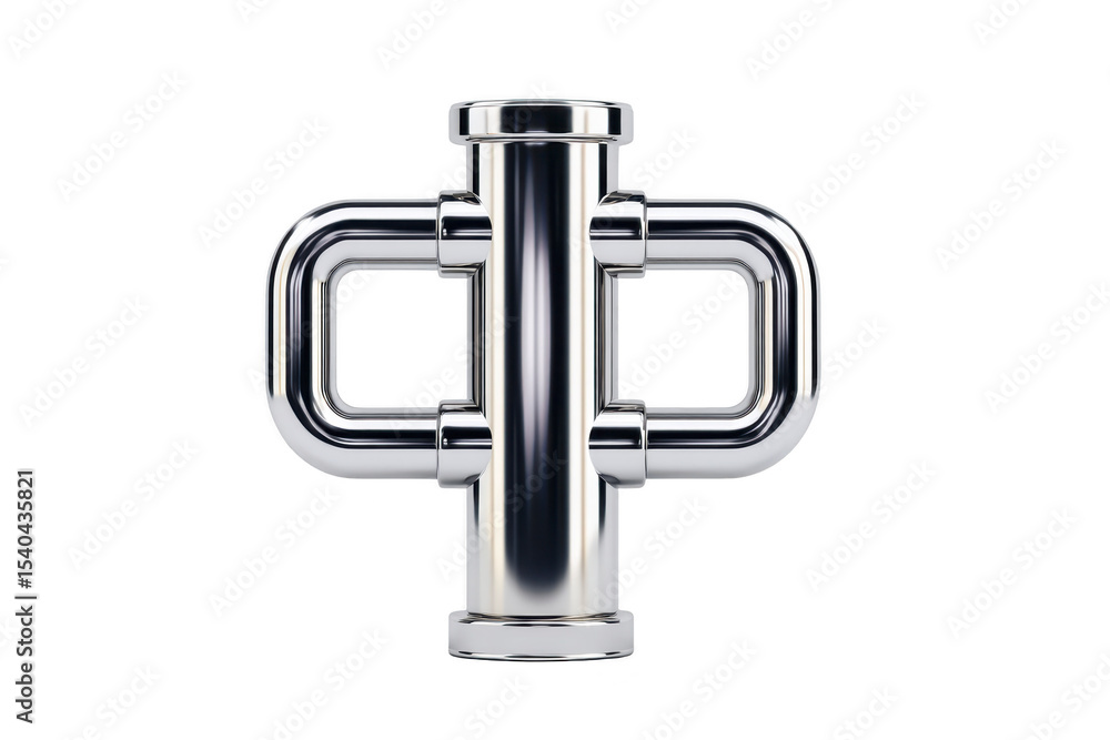 Poster shiny, metallic pipe fitting with symmetrical design, featuring two horizontal handles and central v